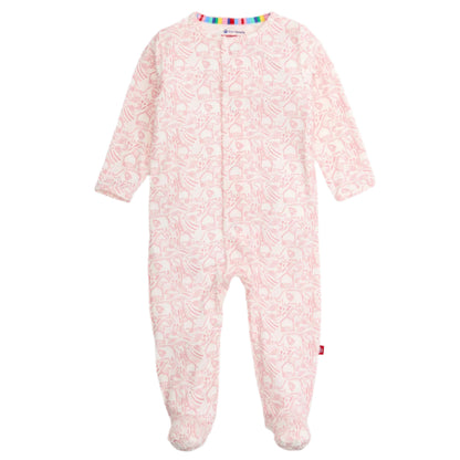 The Magnetic Me Baby' Heards of Feather Modal Footie features a light pink animal print, long sleeves, magnetic closures for easy changes, multicolored neckline trim, and is made from soft, sustainable modal fabric for extra comfort.