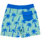 The Feather 4 Arrow Wavy Palm Boardshorts are stylish blue and green swim shorts with a palm tree pattern, back pocket, and UPF50+ sun protection. These eco-friendly, upcycled boardshorts combine style with sustainability.