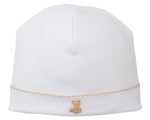 The Teddy Bear Time Hat with Hand Emb by Kissy Kissy is a plain white Pima cotton baby hat featuring a hand-embroidered beige teddy bear and beige scalloped trim, from our adorable Teddy Bear Collection.