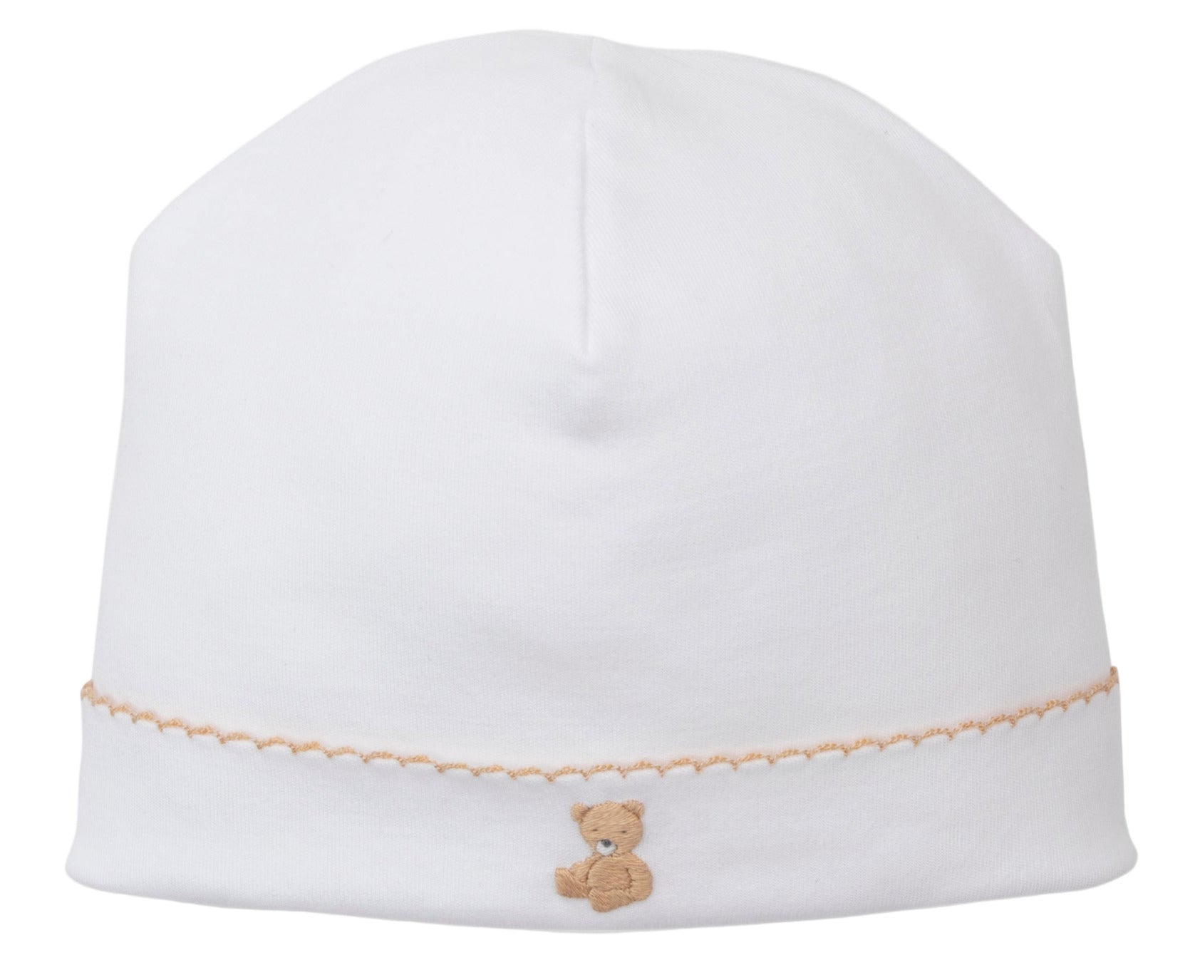 The Teddy Bear Time Hat with Hand Emb by Kissy Kissy is a plain white Pima cotton baby hat featuring a hand-embroidered beige teddy bear and beige scalloped trim, from our adorable Teddy Bear Collection.