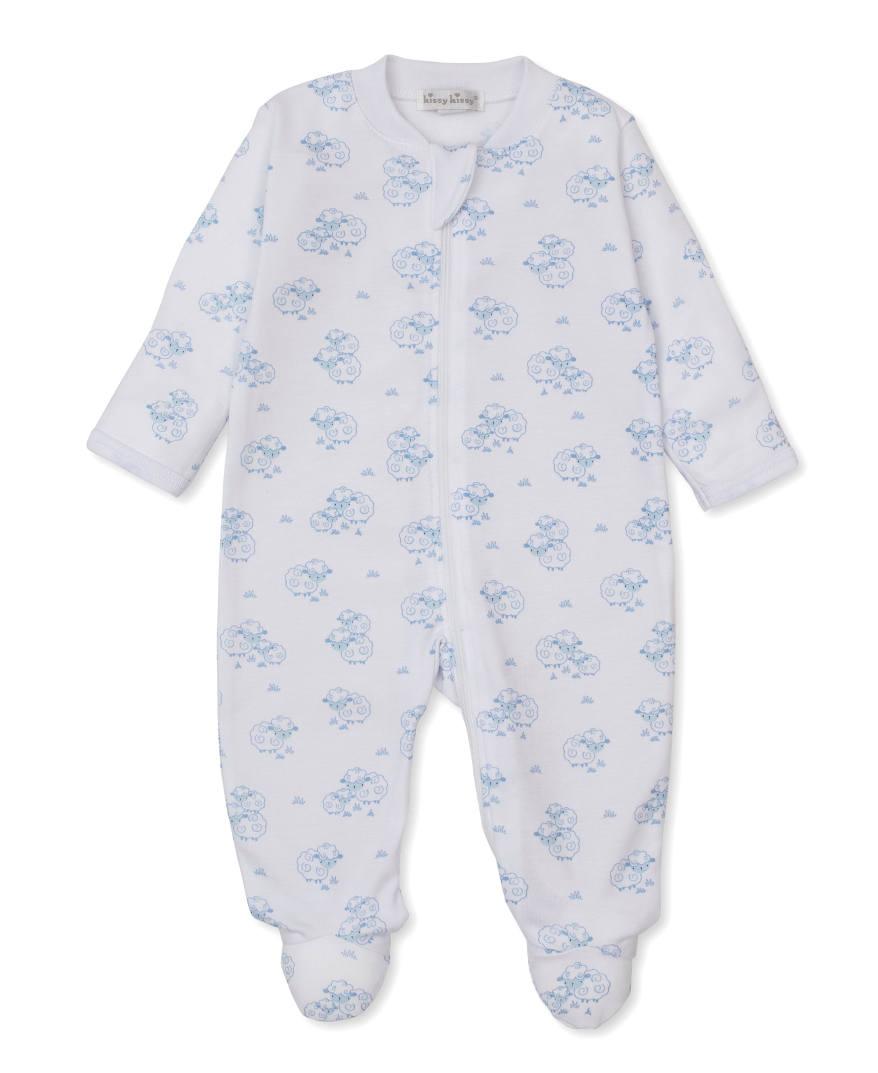 Dress your little one in ultimate comfort with the Kissy Kissy Baby Sweet Sheep Zip Footie. This white infant footed onesie features long sleeves, a convenient front zipper, and an allover light blue cloud and sheep print. Crafted from soft material, this adorable sheep print baby footie is perfect for snuggles and sweet dreams.