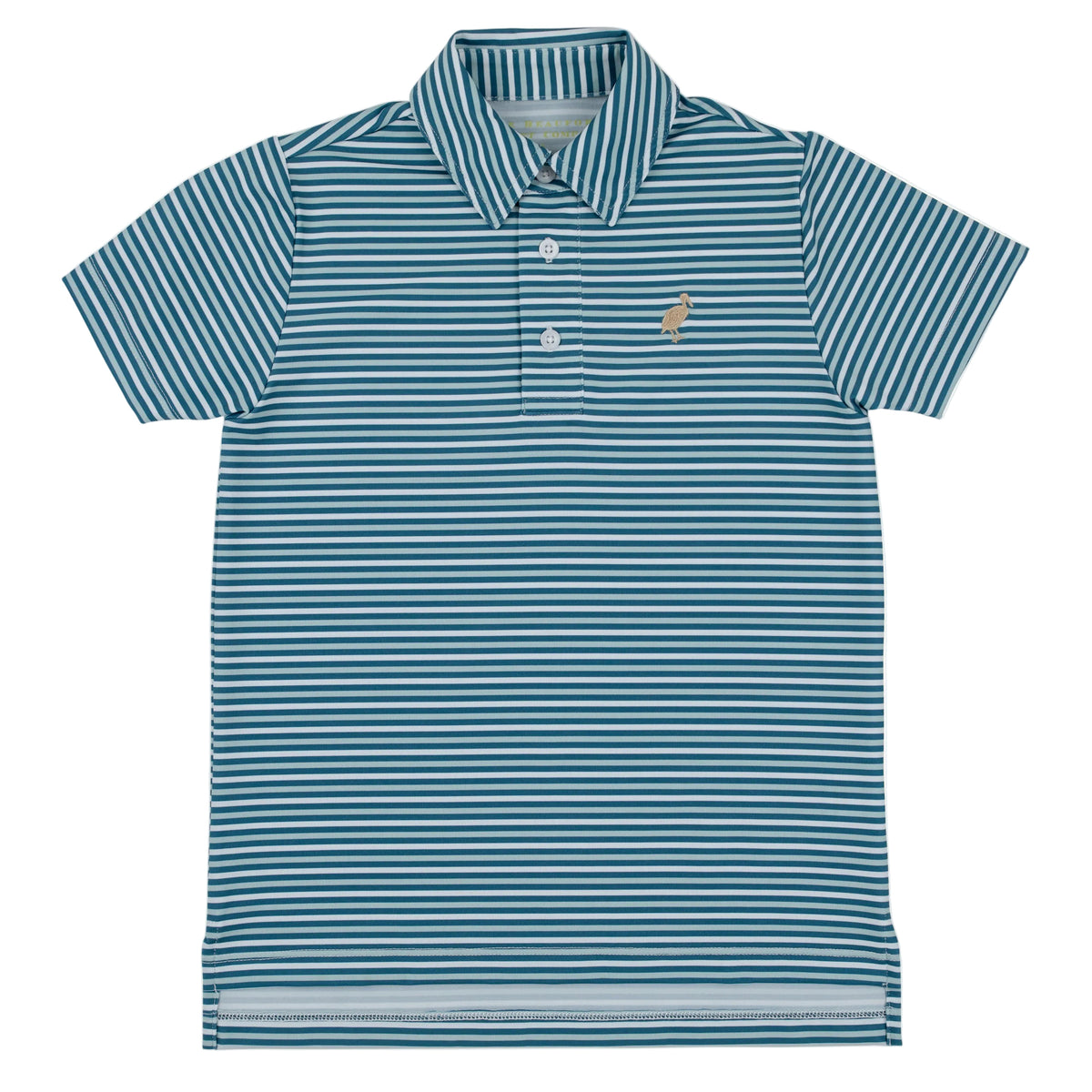 The Boys’ Prepletic™ Prim & Proper Polo from The Beaufort Bonnet Company features a blue and white stripe design, classic collar, button placket, and the signature small embroidered bird logo on the left chest—offering timeless style as part of their iconic collection.