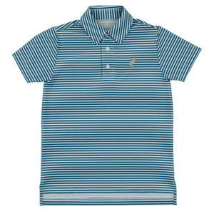 The Boys’ Prepletic™ Prim & Proper Polo from The Beaufort Bonnet Company features a blue and white stripe design, classic collar, button placket, and the signature small embroidered bird logo on the left chest—offering timeless style as part of their iconic collection.