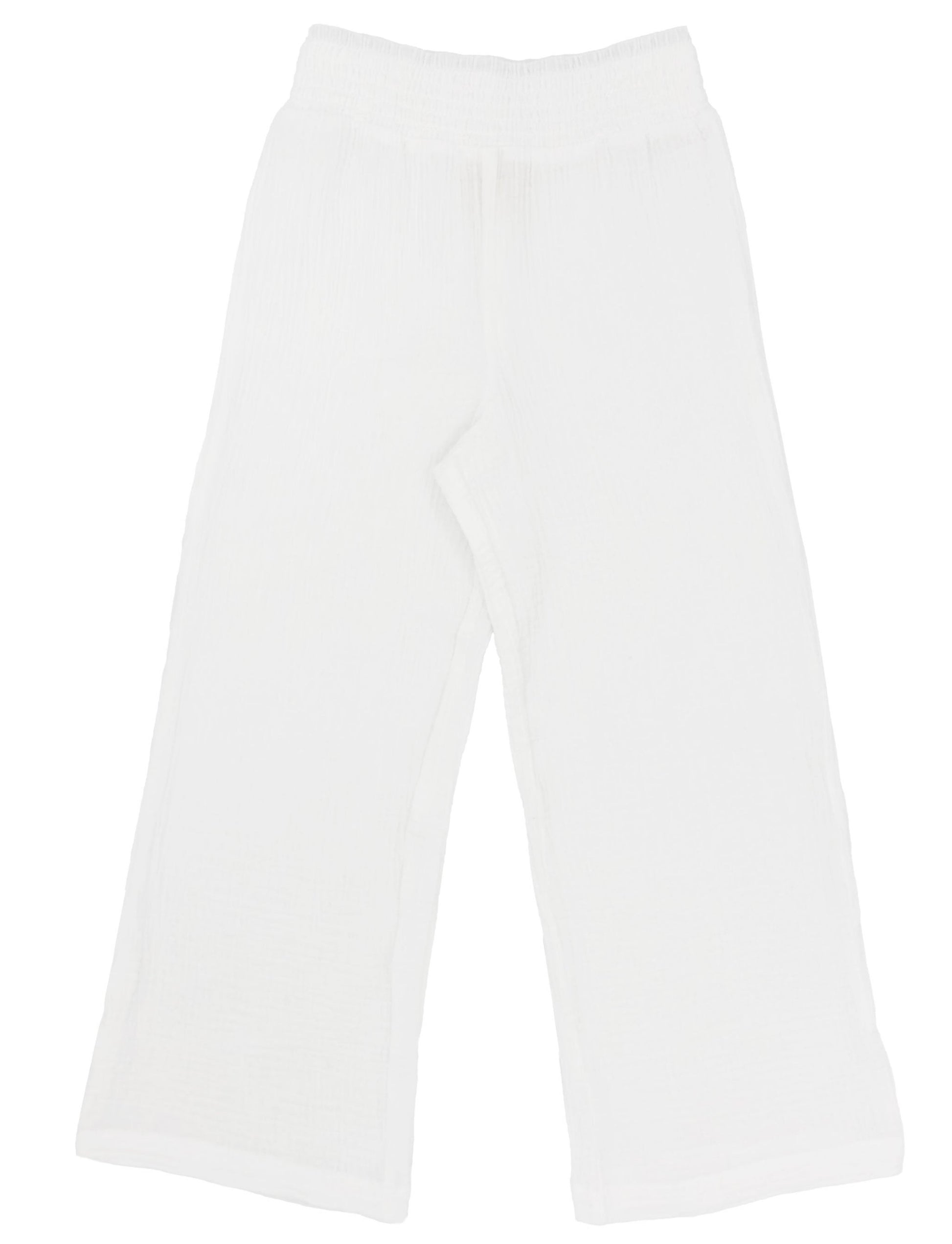 Feather 4 Arrow Playa Pants, white and wide-leg, featuring an elastic waistband, laid out on a white background.