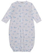 Introducing the Kissy Kissy Baby Puppy Paws Printed Convertible Gown—crafted in soft, long-sleeved Pima cotton with an elastic hem for comfort and convenience. This light blue and white gown features a charming puppy paws print alongside a delicate pattern of small blue animals, perfect for your little one.