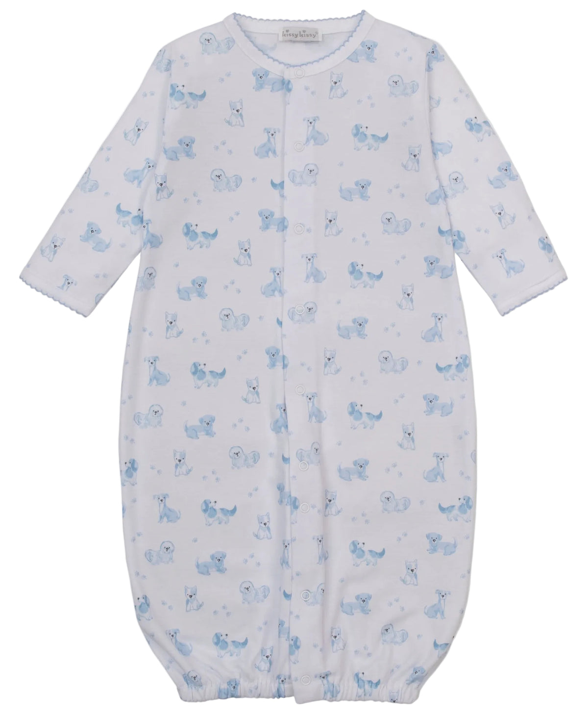 Introducing the Kissy Kissy Baby Puppy Paws Printed Convertible Gown—crafted in soft, long-sleeved Pima cotton with an elastic hem for comfort and convenience. This light blue and white gown features a charming puppy paws print alongside a delicate pattern of small blue animals, perfect for your little one.
