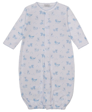 Introducing the Kissy Kissy Baby Puppy Paws Printed Convertible Gown—crafted in soft, long-sleeved Pima cotton with an elastic hem for comfort and convenience. This light blue and white gown features a charming puppy paws print alongside a delicate pattern of small blue animals, perfect for your little one.