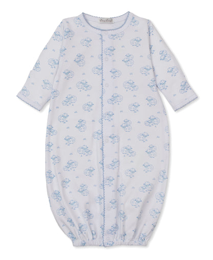 The Kissy Kissy Baby Sweet Sheep Convertible Gown is crafted from soft white Pima cotton and features long sleeves, blue scalloped trim, and a charming blue sheep print. Designed for comfort with elasticized bottoms and sleeves, this cozy gown is shown laid flat on a white background.