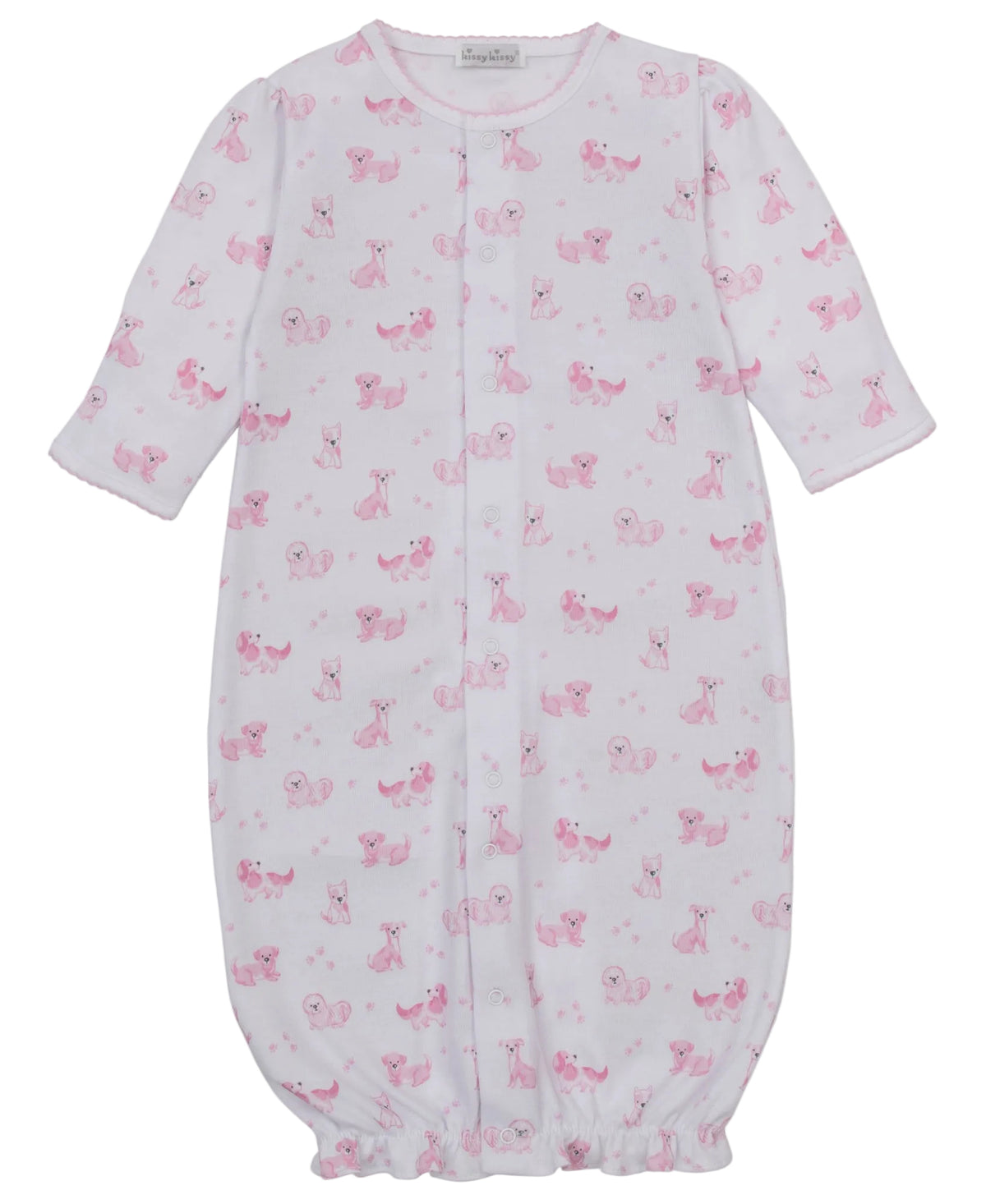 Kissy Kissy Baby Puppy Paws Printed Convertible Gown features long sleeves, a pink puppy paws print, front snap closures, and an elasticized hem at the bottom.