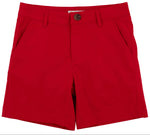 Bright red Bosy’ Prepletic Charlie’s Chinos by The Beaufort Bonnet Company, featuring a button closure, belt loops, and two side pockets, crafted from Prepletic performance fabric and displayed flat against a white background.