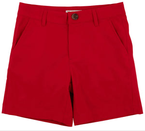 Bright red Bosy’ Prepletic Charlie’s Chinos by The Beaufort Bonnet Company, featuring a button closure, belt loops, and two side pockets, crafted from Prepletic performance fabric and displayed flat against a white background.