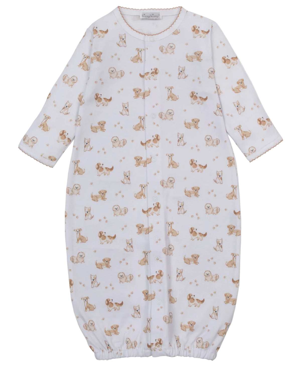 The Kissy Kissy Baby Puppy Paws Printed Convertible Gown is a white Pima cotton baby sleep sack with long sleeves and front snap buttons. Featuring an all-over brown animal print of playful puppies and squirrels, this ultra-soft gown ensures comfort for your little one, while the adorable puppy paws design adds a charming touch.