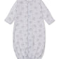 The Kissy Kissy Baby Sweet Sheep Convertible Gown features long sleeves, a white Pima cotton fabric with a gray sheep print, elasticized cuffs at the feet, front snap buttons, and scalloped trim at the sleeves.