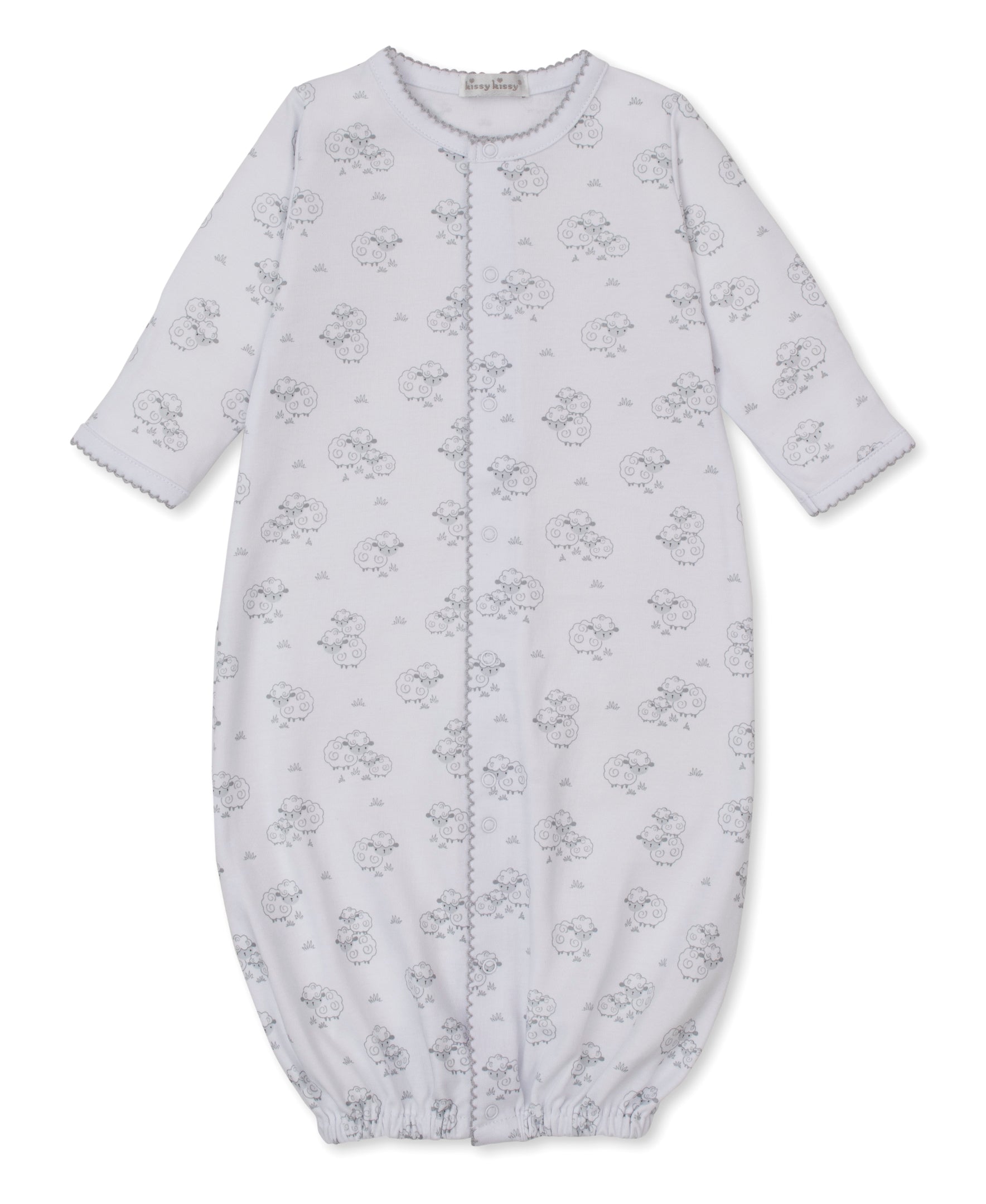 The Kissy Kissy Baby Sweet Sheep Convertible Gown features long sleeves, a white Pima cotton fabric with a gray sheep print, elasticized cuffs at the feet, front snap buttons, and scalloped trim at the sleeves.