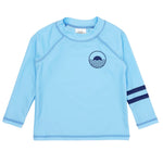 The Feather 4 Arrow Baby Icon LS Rashguard, made by Feather 4 Arrow, is a light blue long-sleeve rash guard that provides excellent sun protection with a stylish dark blue wave and sun design on the chest. Perfect for outdoor activities, it also includes two dark blue stripes on the left sleeve, making it an ideal choice as a trendy baby rashguard.