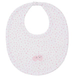 The Kissy Kissy Baa Baa Baby Sheep Bib showcases a charming pink star pattern on luxurious Pima cotton, featuring two embroidered sheep at its center.