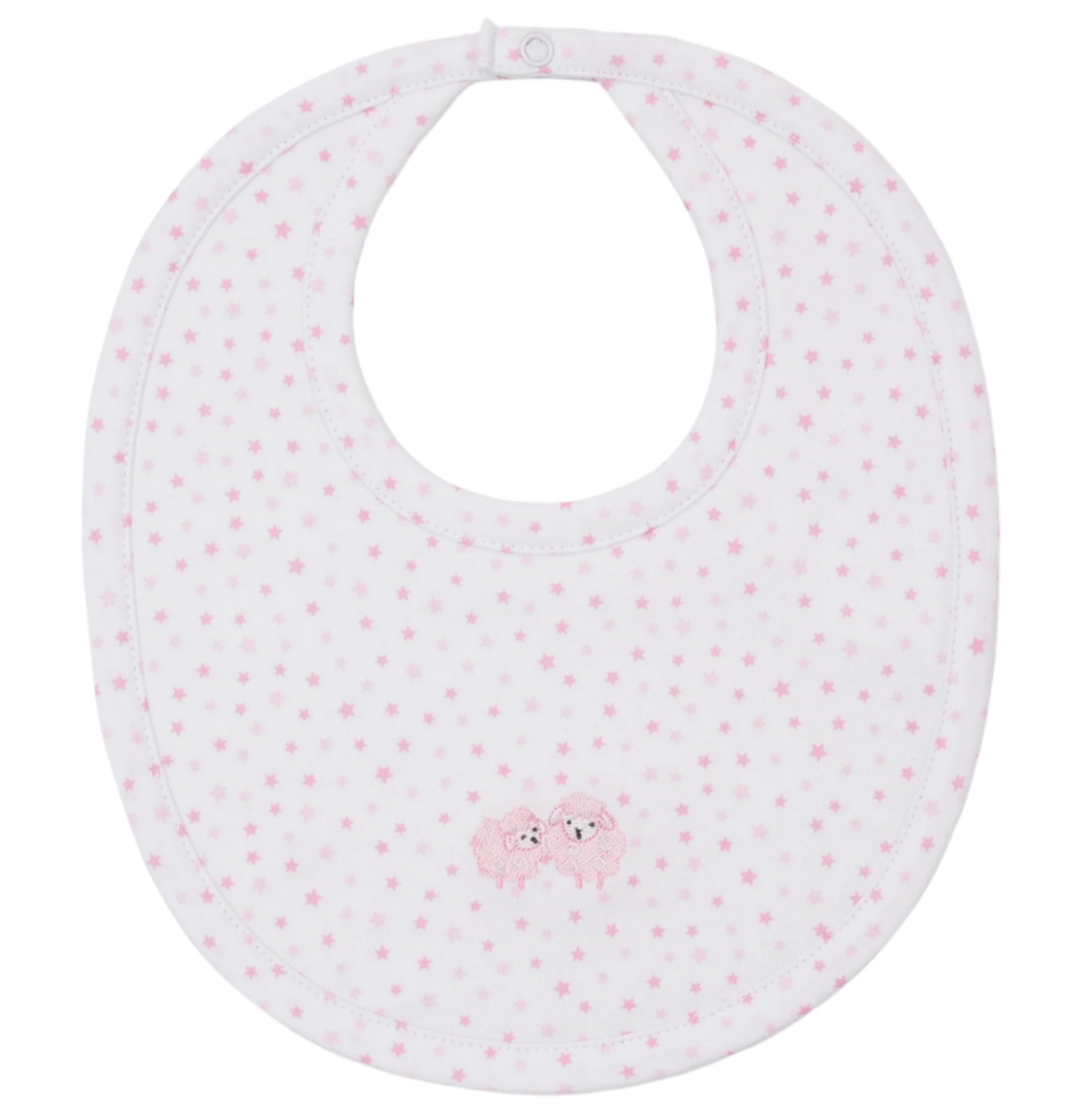 The Kissy Kissy Baa Baa Baby Sheep Bib showcases a charming pink star pattern on luxurious Pima cotton, featuring two embroidered sheep at its center.