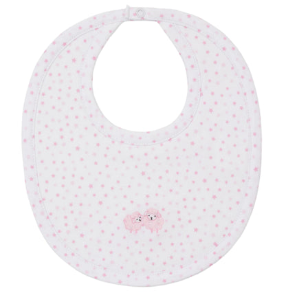 The Kissy Kissy Baa Baa Baby Sheep Bib showcases a charming pink star pattern on luxurious Pima cotton, featuring two embroidered sheep at its center.