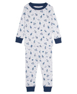 Your little one will love drifting off to dreamland in the Kissy Kissy Boys’ Space Race Pajama Set—long-sleeve Pima cotton pajamas adorned with blue and gray rockets on a white background, complete with blue cuffs and collar for extra comfort.