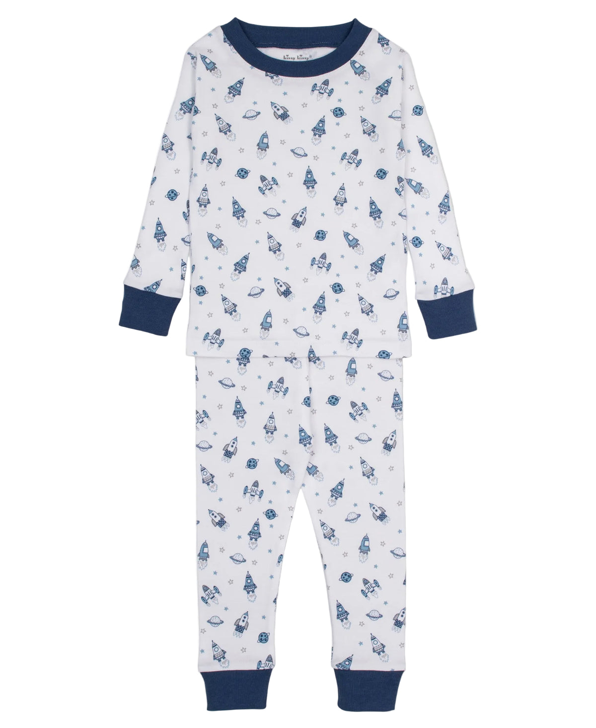 Your little one will love drifting off to dreamland in the Kissy Kissy Boys’ Space Race Pajama Set—long-sleeve Pima cotton pajamas adorned with blue and gray rockets on a white background, complete with blue cuffs and collar for extra comfort.