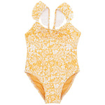 Adorable Feather 4 Arrow Baby In a Cinch One-Piece Swimsuit in yellow and white floral design, highlighted by ruffled shoulder straps, perfect for beach and pool fun.