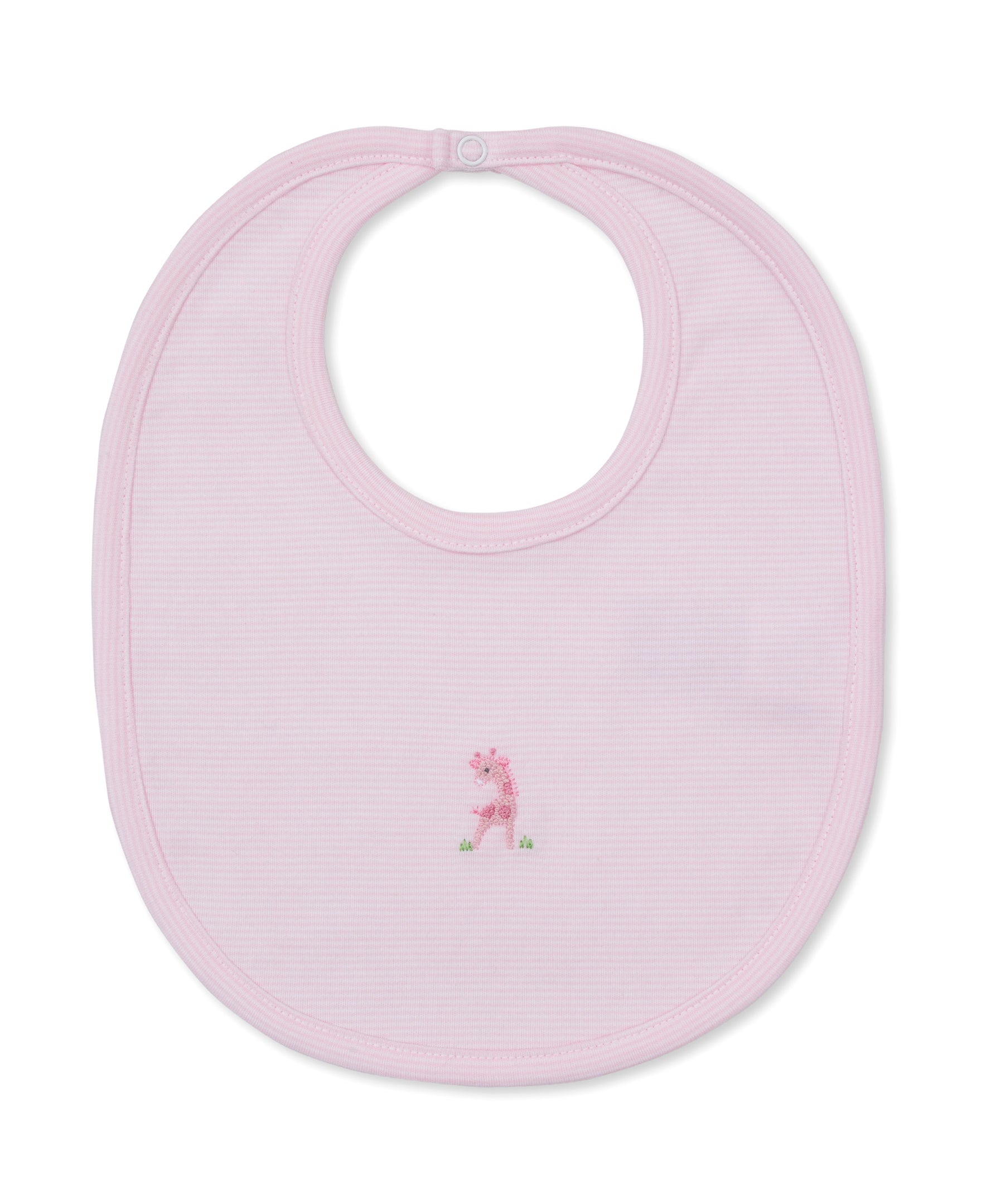 The SCE Safari Party Hand Striped Bib by Kissy Kissy is a light pink Pima cotton baby bib with a small embroidered pink giraffe in the center and features a convenient neck snap closure at the top.