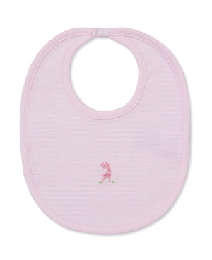 The SCE Safari Party Hand Striped Bib by Kissy Kissy is a light pink Pima cotton baby bib with a small embroidered pink giraffe in the center and features a convenient neck snap closure at the top.