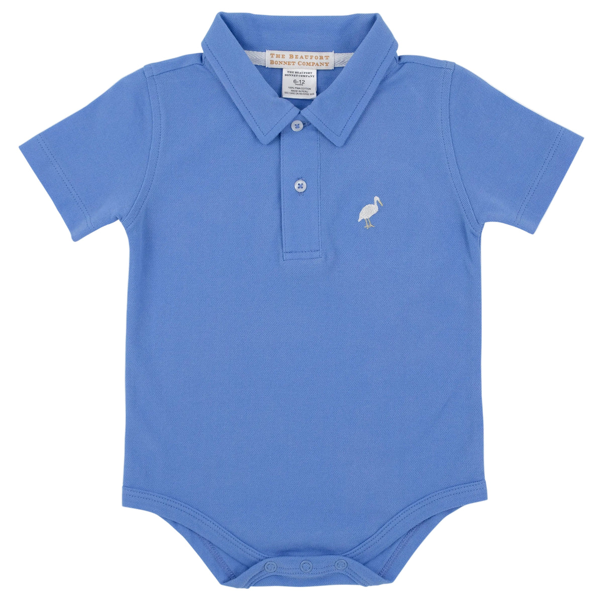Dress your little one in the Baby Boys’ Prim and Proper Beach Polo Onesie by The Beaufort Bonnet Company. This light blue romper features short sleeves, a collar, front buttons, and is crafted from soft Pima Cotton. A small white bird logo accents the left chest area.