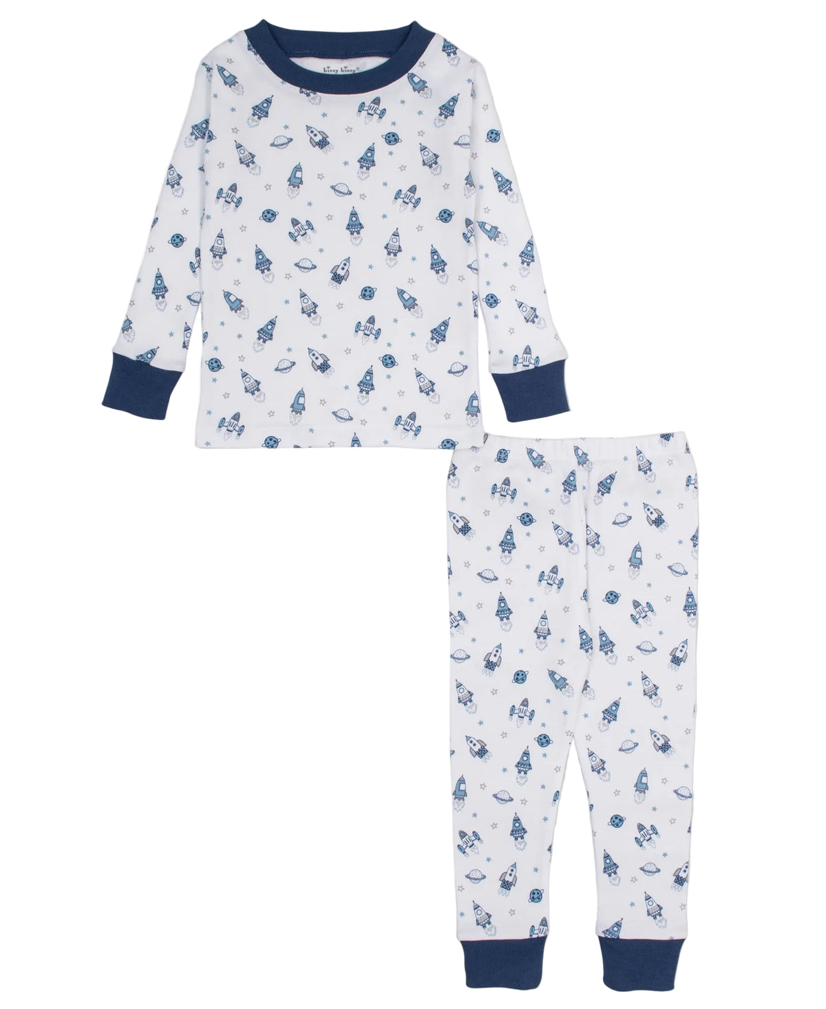 The Boys’ Space Race Pajama Set by Kissy Kissy features a white, long-sleeve top and pants with blue cuffs and collar, adorned with a playful pattern of small blue rockets. Made from ultra-soft Pima cotton, these toddler pajamas offer cozy comfort and out-of-this-world style for little dreamers eager to join the space race.