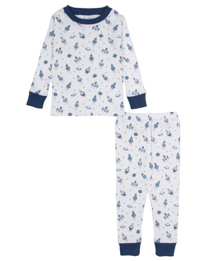 The Boys’ Space Race Pajama Set by Kissy Kissy features a white, long-sleeve top and pants with blue cuffs and collar, adorned with a playful pattern of small blue rockets. Made from ultra-soft Pima cotton, these toddler pajamas offer cozy comfort and out-of-this-world style for little dreamers eager to join the space race.