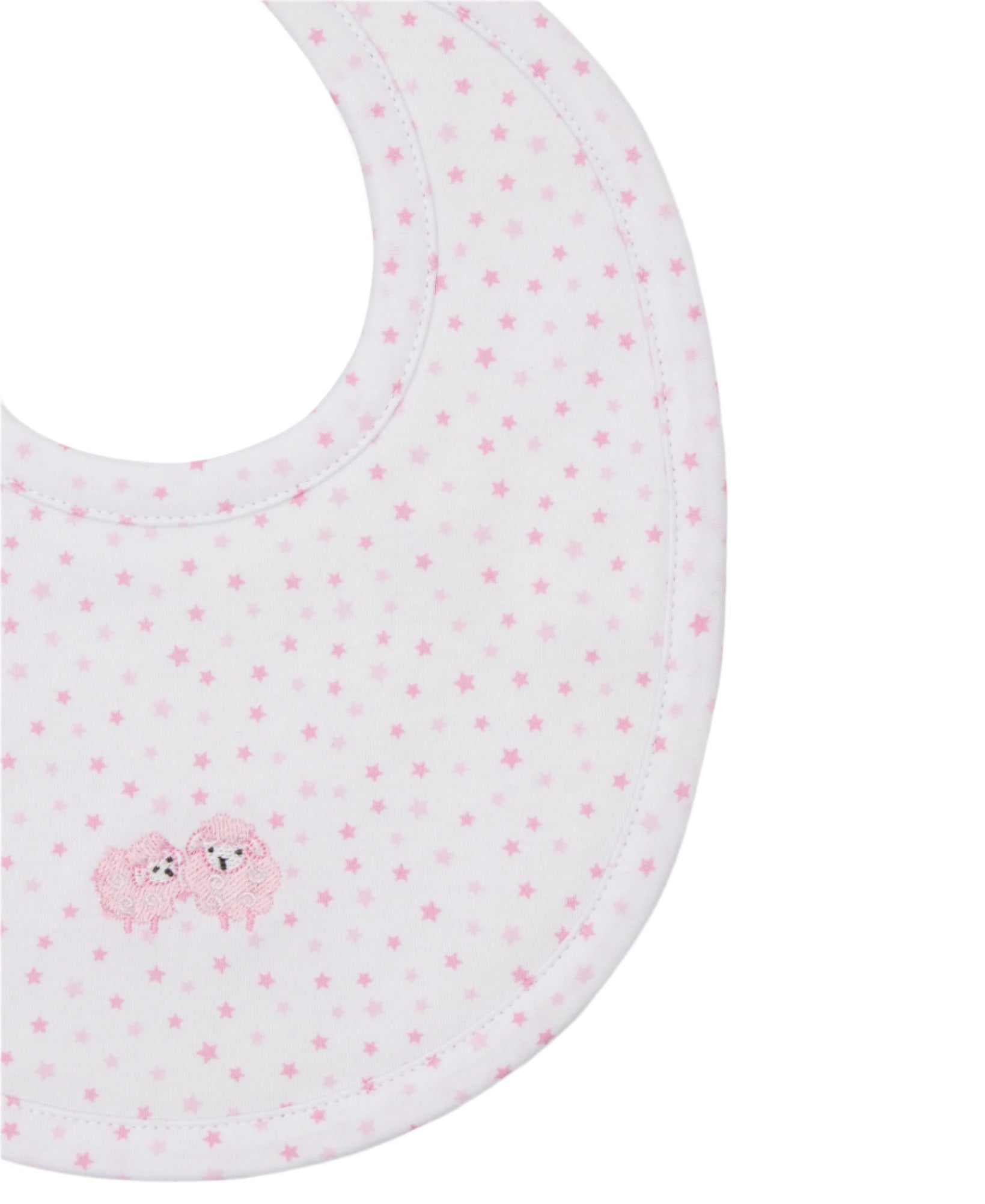 The Kissy Kissy Baa Baa Baby Sheep Bib showcases pink stars and two embroidered sheep, made from soft Pima cotton for ultimate comfort.