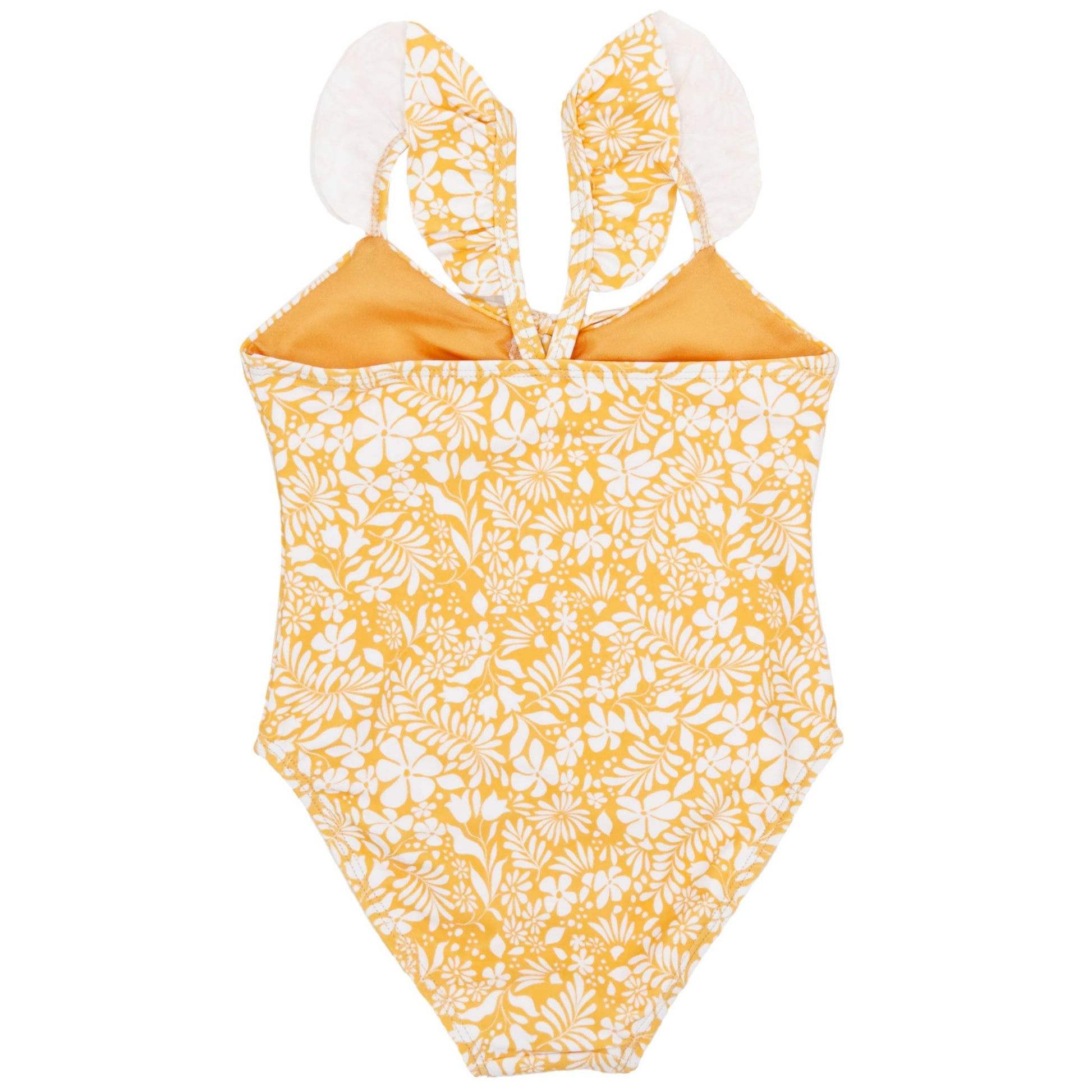 The Feather 4 Arrow Baby In a Cinch One-Piece Swimsuit features a yellow and white floral pattern with ruffled straps, making it perfect for fun at the beach and pool.