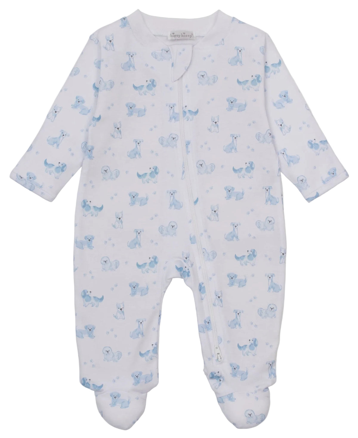 Dress your little one in the Kissy Kissy Baby Puppy Paws Zip Footie—a white, long-sleeve onesie featuring a charming light blue animal print and adorable puppy paws on the feet. Crafted from ultra-soft Pima cotton for ultimate comfort, this cozy footed baby pajama has a convenient front zipper for easy changes.