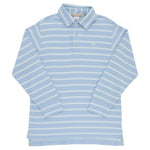Baby boys’ and boys’ Prim and Proper Long Sleeve Pima Polo by The Beaufort Bonnet Company, featuring a light blue color with white horizontal stripes and a small green emblem on the left chest—crafted in their signature Onesie style.