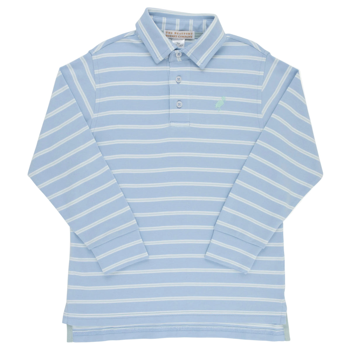 Baby boys’ and boys’ Prim and Proper Long Sleeve Pima Polo by The Beaufort Bonnet Company, featuring a light blue color with white horizontal stripes and a small green emblem on the left chest—crafted in their signature Onesie style.