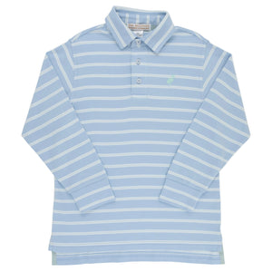 Baby boys’ and boys’ Prim and Proper Long Sleeve Pima Polo by The Beaufort Bonnet Company, featuring a light blue color with white horizontal stripes and a small green emblem on the left chest—crafted in their signature Onesie style.
