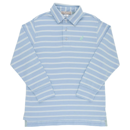 Baby boys’ and boys’ Prim and Proper Long Sleeve Pima Polo by The Beaufort Bonnet Company, featuring a light blue color with white horizontal stripes and a small green emblem on the left chest—crafted in their signature Onesie style.