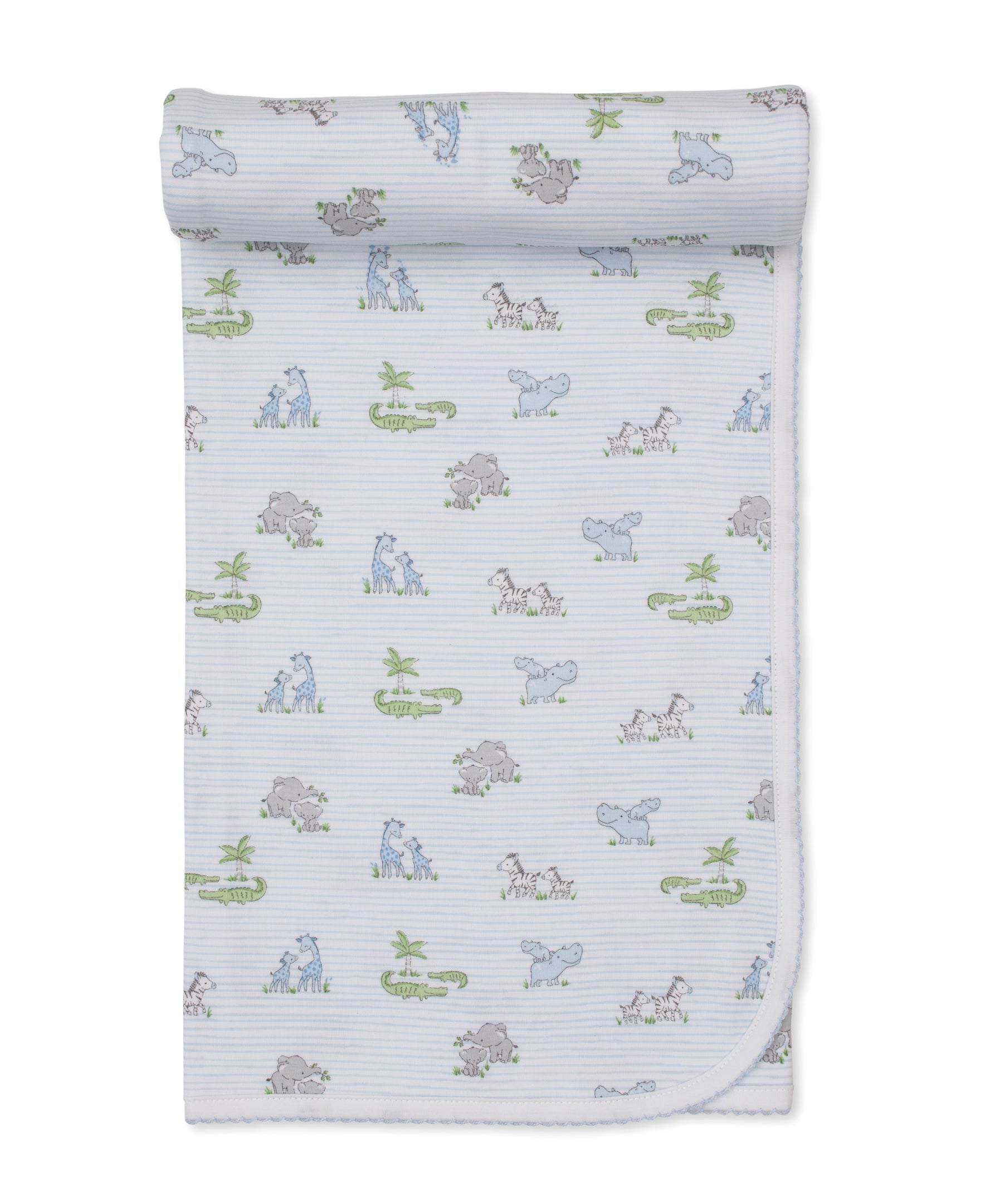 The Kissy Kissy Safari Party Blanket, crafted from white Pima cotton and adorned with blue, green, and gray animal illustrations—featuring hippos and alligators—is shown laid flat with a softly folded corner and top edge, making it the perfect choice for your little one's next safari adventure.