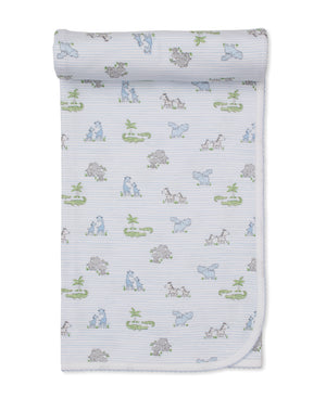 The Kissy Kissy Safari Party Blanket, crafted from white Pima cotton and adorned with blue, green, and gray animal illustrations—featuring hippos and alligators—is shown laid flat with a softly folded corner and top edge, making it the perfect choice for your little one's next safari adventure.