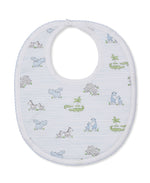 The Kissy Kissy Safari Bib is crafted from soft Pima cotton and features light blue stripes with adorable animal prints, including hippos, zebras, and crocodiles. Designed with a rounded shape and convenient snap closure at the neck, this bib offers comfy coverage for your baby during mealtime.
