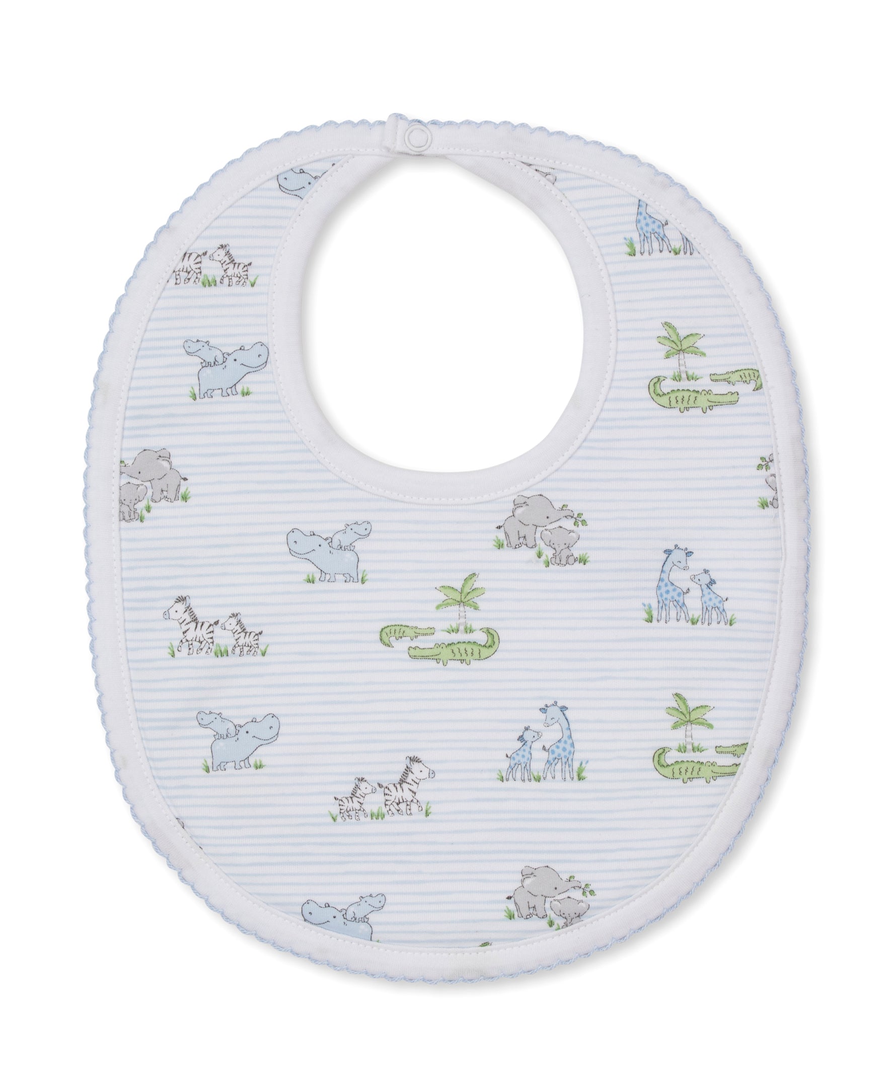 The Kissy Kissy Safari Bib is crafted from soft Pima cotton and features light blue stripes with adorable animal prints, including hippos, zebras, and crocodiles. Designed with a rounded shape and convenient snap closure at the neck, this bib offers comfy coverage for your baby during mealtime.