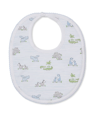 The Kissy Kissy Safari Bib is crafted from soft Pima cotton and features light blue stripes with adorable animal prints, including hippos, zebras, and crocodiles. Designed with a rounded shape and convenient snap closure at the neck, this bib offers comfy coverage for your baby during mealtime.