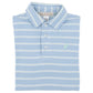 Folded light blue Baby Boys’ and Boys’ Prim and Proper Long Sleeve Pima Polo from The Beaufort Bonnet Company, featuring white horizontal stripes, three buttons, and a small embroidered logo on the chest.