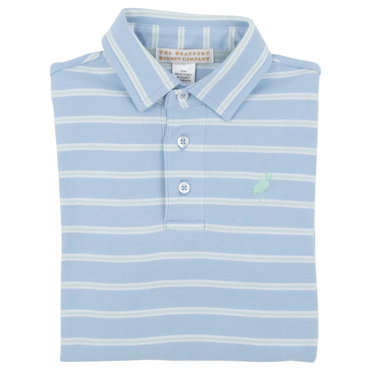 Folded light blue Baby Boys’ and Boys’ Prim and Proper Long Sleeve Pima Polo from The Beaufort Bonnet Company, featuring white horizontal stripes, three buttons, and a small embroidered logo on the chest.