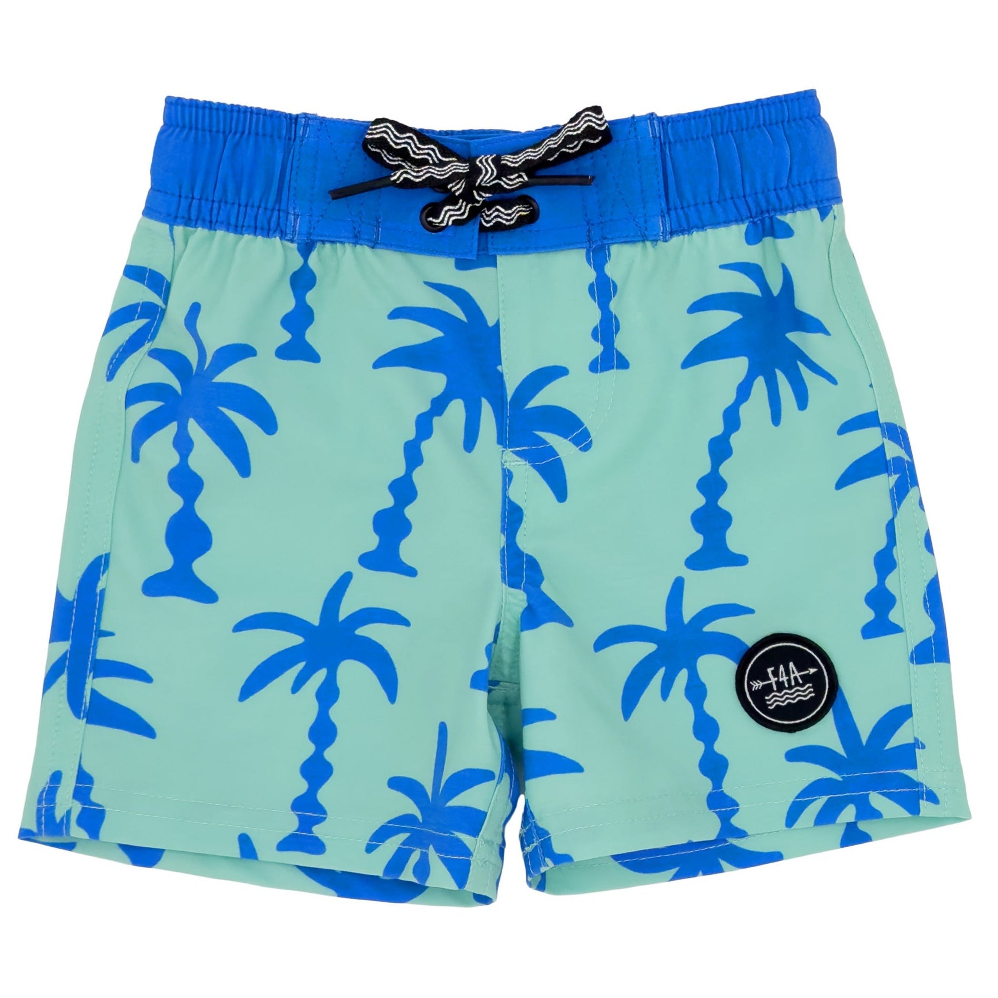 The Feather 4 Arrow Baby Wavy Palm Boardshort features blue and green colors with a palm tree pattern and a distinctive black logo on the right leg. It comes with a stylish black and white drawstring. Crafted from an up-cycled coconut-poly blend, these boardshorts provide UPF50+ sun protection, making them perfect for long beach days.