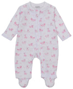 Dress your baby in the Kissy Kissy Baby Puppy Paws Zip Footie, crafted from soft white Pima cotton with long sleeves, a front zipper, and an all-over pink animal print featuring adorable puppy paws on the footies.