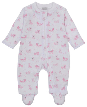 Dress your baby in the Kissy Kissy Baby Puppy Paws Zip Footie, crafted from soft white Pima cotton with long sleeves, a front zipper, and an all-over pink animal print featuring adorable puppy paws on the footies.