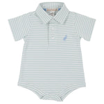 The Baby Boys’ Prim and Proper Short Sleeve Polo Onesie by The Beaufort Bonnet Company features a light blue and white stripe design with short sleeves, a collar, front buttons, and an embroidered animal logo on the left chest. Made from luxurious Pima Cotton for ultimate comfort, this charming onesie is inspired by the brand’s signature Prim & Proper Polo style.