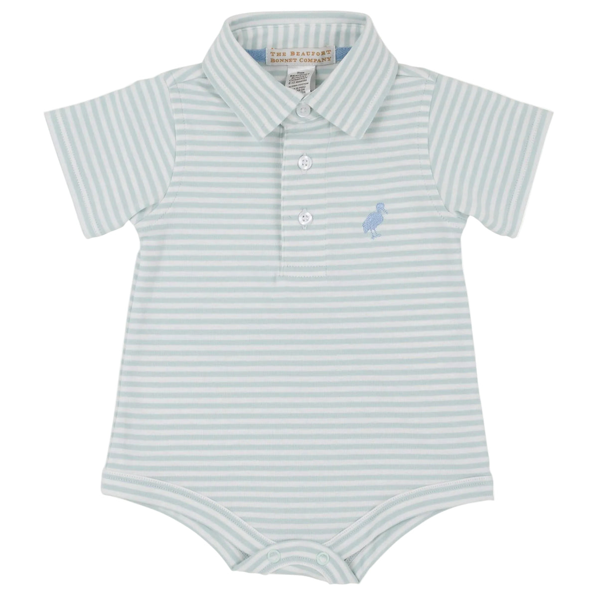 The Baby Boys’ Prim and Proper Short Sleeve Polo Onesie by The Beaufort Bonnet Company features a light blue and white stripe design with short sleeves, a collar, front buttons, and an embroidered animal logo on the left chest. Made from luxurious Pima Cotton for ultimate comfort, this charming onesie is inspired by the brand’s signature Prim & Proper Polo style.