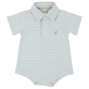 The Baby Boys’ Prim and Proper Short Sleeve Polo Onesie by The Beaufort Bonnet Company features a light blue and white stripe design with short sleeves, a collar, front buttons, and an embroidered animal logo on the left chest. Made from luxurious Pima Cotton for ultimate comfort, this charming onesie is inspired by the brand’s signature Prim & Proper Polo style.